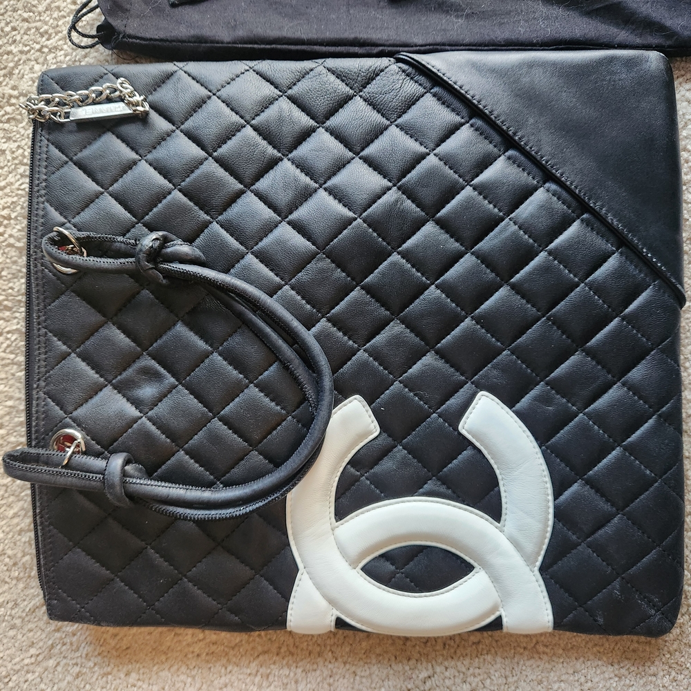 Vintage Chanel Quilted Cambon Lambskin Black and White Flat Tote Bag